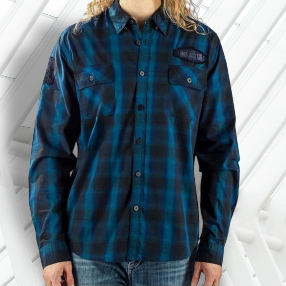 Lethal Threat Motorgear Death Row Button Black Blue Shirt Size Large - Picture 2 of 16
